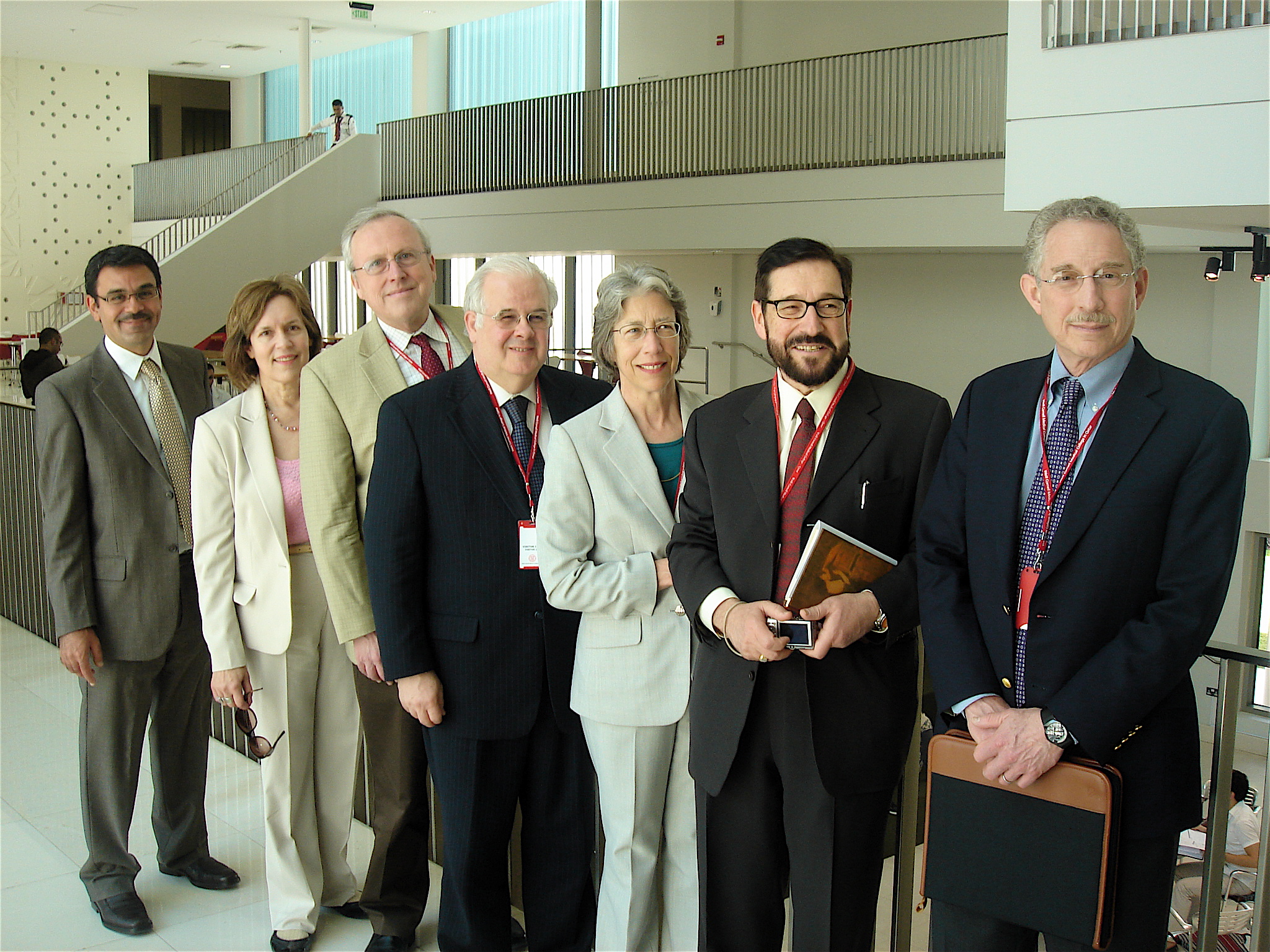 l to r: Dr. Khaled Machaca, Asst. Dean of Research, WCMC-Q; Dr. Lorraine Gudas; Dr. Fred Maxfield; Dr. Dan Knowles; Dr. Kathy Hajjar; Dr. Harel Weinstein; and Dr. Carl Nathan Pharmacology faculty members standing with Qatar colleagues.