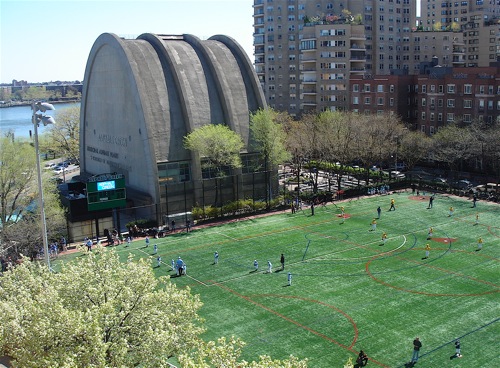 Green soccer field.