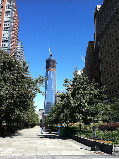 View of WTC building near trees.