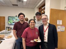 Dr. Jacob Geri, Dr. Kaayva Krishna Kumar and student Linghao Dong behind, and Dr. Jedd Wolchok