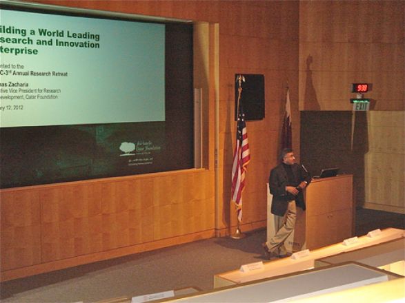 Keynote speaker, Dr. Thomas Zacharia, Executive Vice President of Research &amp; Development, Qatar Foundation, at the research retreat.