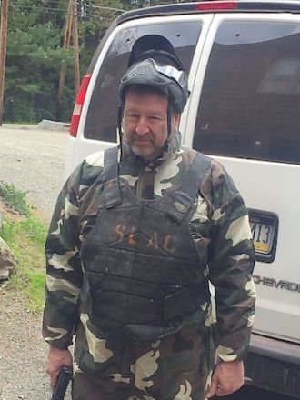 Dr. Scheinberg gearing up for paintball battle. Dr. Scheinberg gearing up for paintball battle.