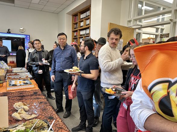 Dept &amp; program members enjoying the party......pictured from back to front: Chenge Liu, Dr. Pengbo Zhou, Dr. Jorge Baquero and Dan Galke