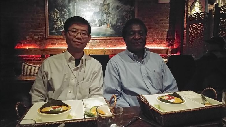 Dr. James Ntambi (Univ. of Wisconsin/Madison) presented his talk titled:&quot;Hepatic Lipogenesis and Metabolic Signaling in Obesity and Diabetes” on 10/17/17. Here, he is answering questions after his talk, at dinner with faculty member, Dr. Xiao-Han Tang.