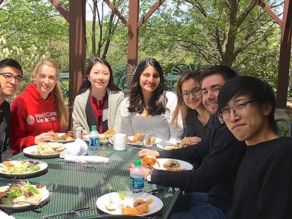 Group dining outside. Group dining outside.